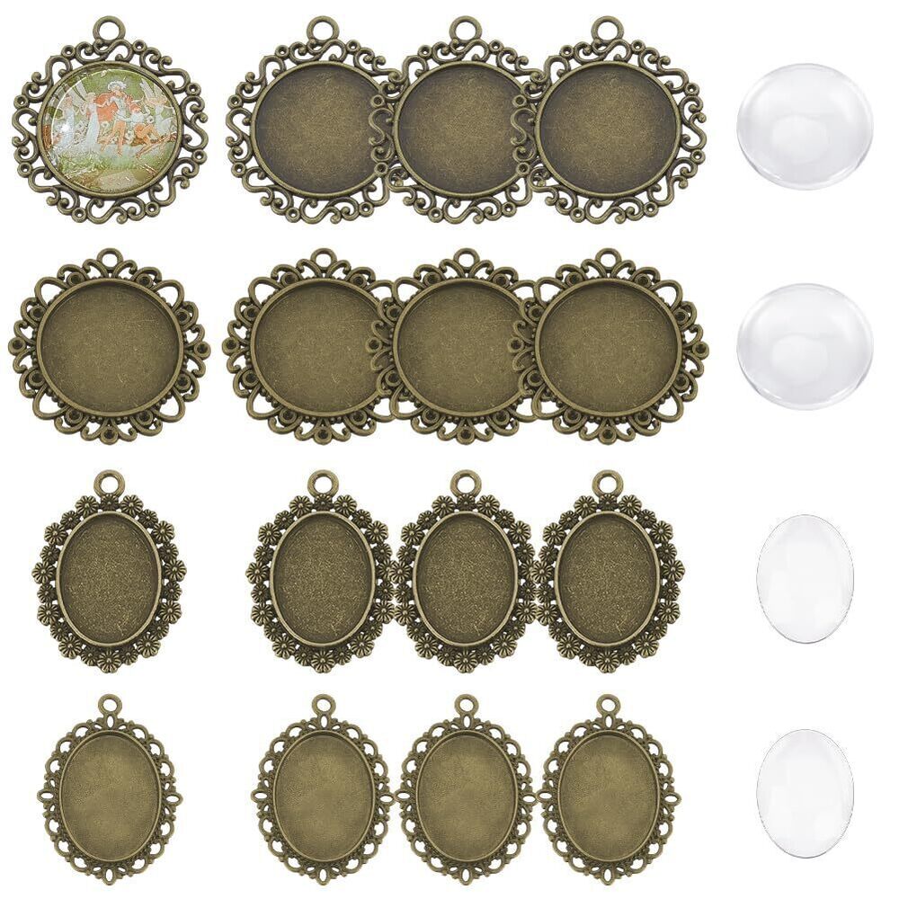 5591 30Pcs 4 Styles Antique Bronze Pendant Trays Kit, Blank Bezel Pendants